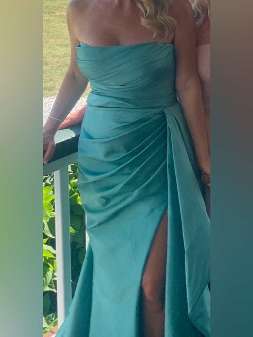 Tarik Ediz Teal Strapless Draped Satin Gown